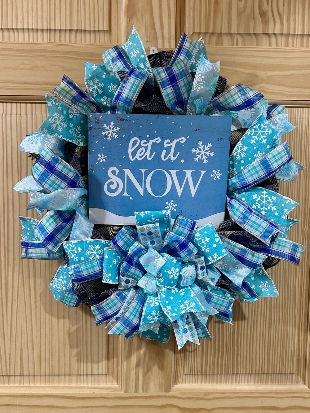 Let It Snow Blue Winter Wreath - Decorative Holiday Door Accent